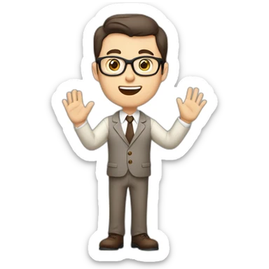 To belt Actively gesturing with hands Okay Pale skinned fit man with dark brown hair in gray jacket, beige office shirt, brown tie, brown pants and vintage glasses. sticker