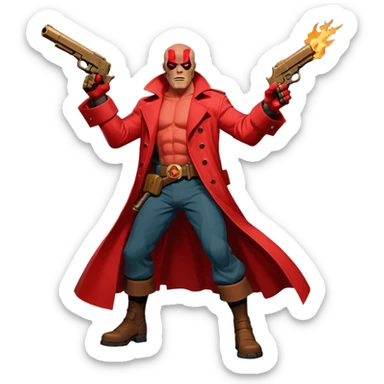 cinematic realistic superhero Hellboy by Mike Mignola jumps and shoots with a bronze pistol sticker