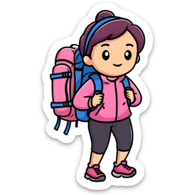 woman wearing pink clothes with hiking backpack sticker