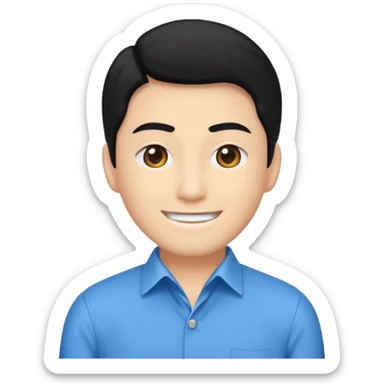 Crea un emoji de Satoru Gojo un hombre de tés blanca sonriendo con ojos azules cristalinos pelo blanco pero que se vea joven y pestañas blancas y su ropa sea una camisa negra pero plana ósea como un suéter y dos botones amarillos y  que solo salga de sus hombros asta arriba  sticker