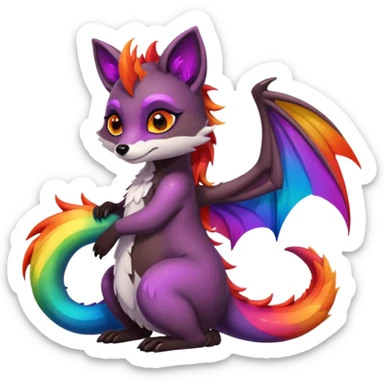 black female raccoon dragon hybrid with rainbow colored wings and purple eyes hugging a red female fox dragon hybrid with rainbow colored wings and orange eyes sticker