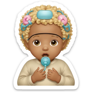 Black newborn baby, short tuft of curly blonde hair, pacifier in mouth sticker