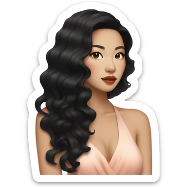 stunning asian woman black wavy hair, peachy lips sticker