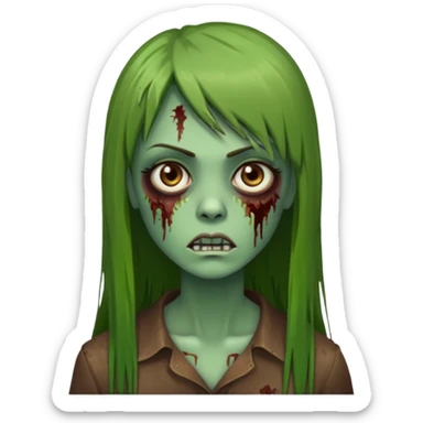 Zumbi feminino, de pele verde, cabelo marrom, longo, liso e castanho com franja reta sticker