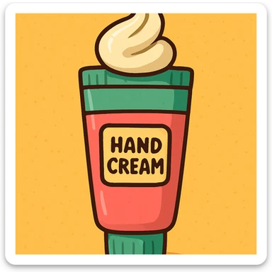 hand cream tube with a swirl of cream, touches of green and pink, soft cartoon style sticker