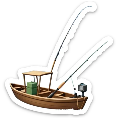Icon for Fishing Travel: a boat on a calm lake surrounded by mountains and lush greenery, with fish jumping out of the water, a fishing rod, tackle box. The icon should capture the peaceful and adventurous nature of fishing trips. Transparent background. sticker