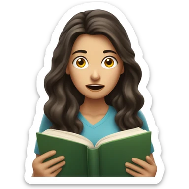 brunette long wavy hair woman shocked face while holding and reading book sticker
