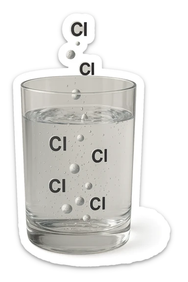 un bicchiere di acqua fluttua in aria realistico e dettagliato, dentro l'acqua del bicchiere ci sono particelle di cloro ben visibili con la scritta "Cl" sopra, ci sono particelle anche che escono dal bicchiere e fluttuano in aria verticalmente, mentre alcune sono all'interno dell'acqua nel bicchiere, iperrealistico 4k sticker