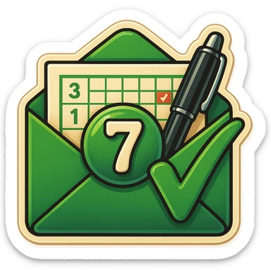 Regenerate the emoji keeping the envelope and calendar composition with a bold green checkmark. Change the number inside the circular badge on the calendar to '7'. Replace the current pen icon with a more formal, classic-looking pen, such as a fountain pen or a sleek, professional ballpoint pen. Maintain the original style, color scheme, and overall composition of the retro stickers style. sticker