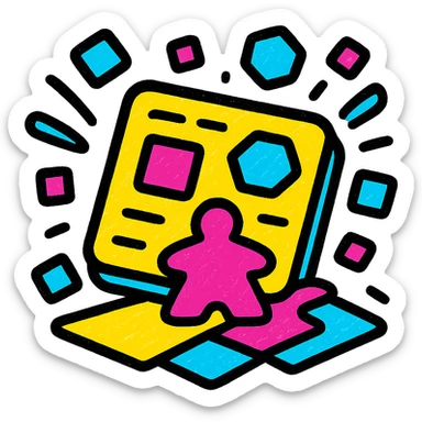 playful icon of a board game with scattered square and hex tiles, radiating joy and fun, perfect for a Discord community sticker