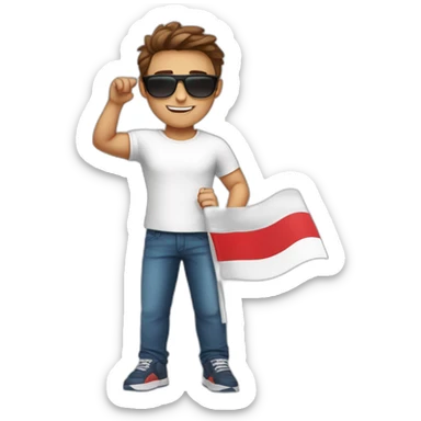 A young fit man with a white shirt and sunglasses on his hair with brown hair and a French flag in his hand sticker