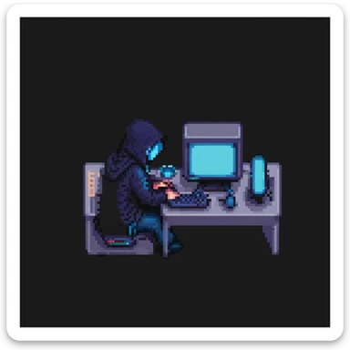 hacker, pixel art, sitting at computer, retro monitor, blue glow sticker