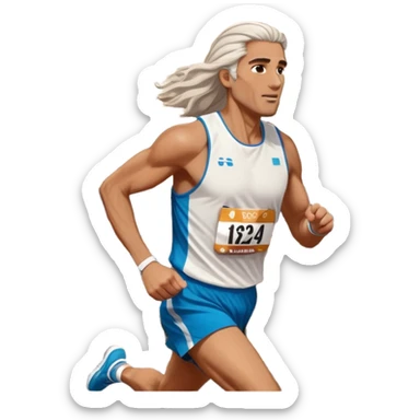 Tall man with long brown and white hair running in Rome marathon, Colosseum in background sticker