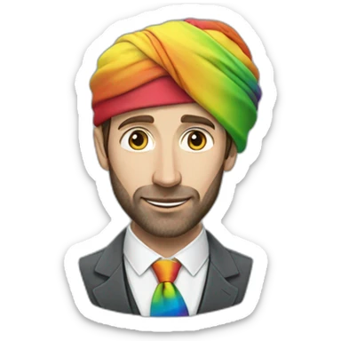 Gareth Southgate wearing a turban and waistcoat and a rainbow tie sticker