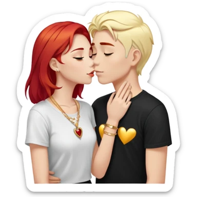 close-up of young 20 year old couple kissing, girl with red hair and blonde eyebrows wearing gold jewelry and light clothes, boy with white hair wearing dark t-shirt sticker