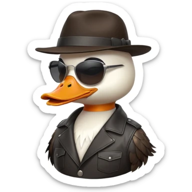Cute white anthropomorphic duck gangster in black fedora hat, large sunglasses, orange beak, leather jacket. Glossy 3D cartoon emoji style, vibrant, detailed feathers/textures, side profile pose, transparent PNG background, ultra-detailed 8k, no text.
 sticker