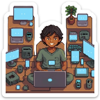 smiling Indian boy hacker with dark hair typing on a laptop, surrounded by tech gadgets, pixel art style sticker