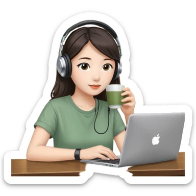 A Korean girl at a dive bar with a laptop and headphones with coffee watchin a korean drama the shirt in sage green sticker