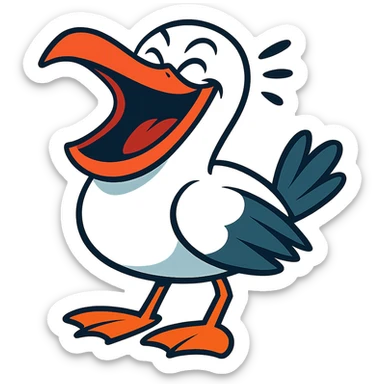a seagull laughing hard, expressive, comical, vibrant toon style, cartoonish sticker