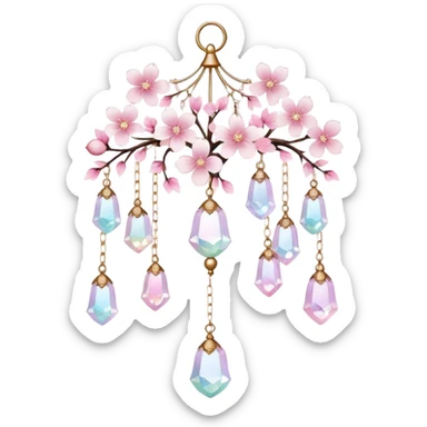Hanging Iridescent pastel pink sakura crystals white-pearly suncatcher with a tiny bell chandelier sticker