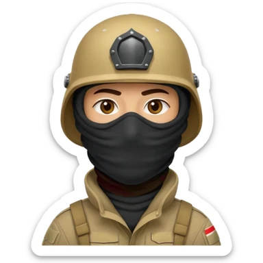 
an Iraqi soldier with a serious face, wearing a helmet and a balaclava covering his mouth sticker