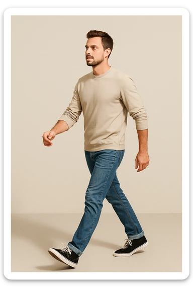 a man walking with purpose, mid-stride, looking ahead, casual clothes, simple background sticker