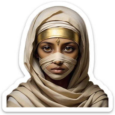 Regal and timeless, fully wrapped in meticulously aged bandages, even its face veiled in layers of ancient cloth with only faint glimpses of deep, solemn eyes peering through, adorned with faded gold accents, exuding an air of forgotten majesty and solemn duty, highly detailed, softly glowing, evoking the dignified mystery of an eternal guardian watching over lost secrets! sticker