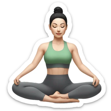Pale skinned fit woman In a gray tight yoga suit and wristbands With ash black hair in a bun and green eyes doing yoga in a seated position sticker