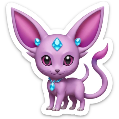 Espeon pokemon, pastel purple body color, dark pink jewel middle of forehead only, end of tail split in two, ear like flaps coming out 
of each cheek, inside of big pointy ears is blue
 (full body) sticker