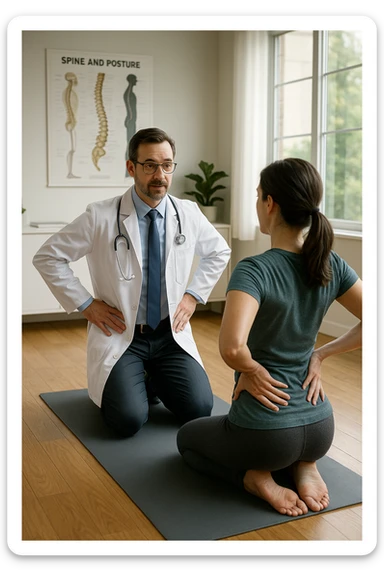 A realistic, cinematic illustration of a professional doctor in a white coat inside a bright, modern medical office, demonstrating a simple stretching exercise to a patient for improving posture. The doctor, calm and encouraging, shows a gentle spinal extension stretch while explaining its benefits for posture and spinal health, with an anatomical poster of the spine and posture alignment in the background. The scene includes a yoga mat, clean wooden floors, and natural light streaming through large windows, creating a warm, health-focused atmosphere. The patient, in comfortable activewear, watches and mirrors the stretch, emphasizing the preventive and therapeutic role of stretching for posture correction under medical guidanc sticker