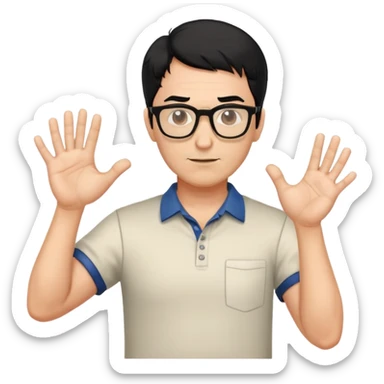 professor with black hair and glasses wearing shirts, no mustache, with hands positioned as if grabbing an invisible rugby ball sticker