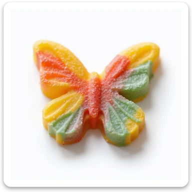 realistic butterfly-shaped candy with a marbled rainbow pattern, isolated on a transparent background, no visible background sticker