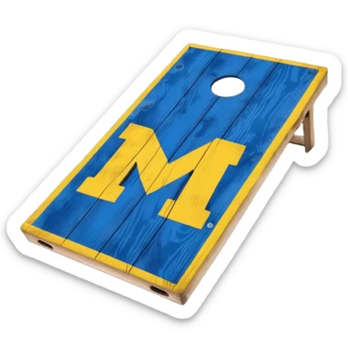 Cornhole board blue and yellow with Michigan “M” sticker