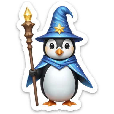 penguin wizard holding a staff wearing a pointed hat magical sparkles sticker