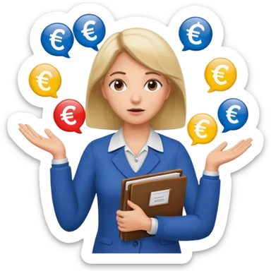 A confused female kindergardenteacher shrugging shoulders with euro symbols and documents floating around. sticker