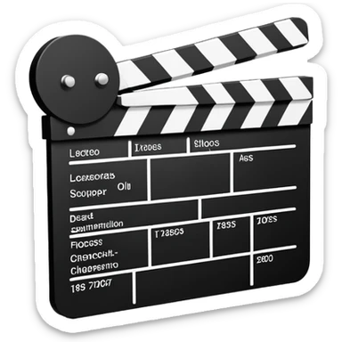 Side view of minimalist clapperboard, black and white with simple geometric shapes, iOS emoji style sticker