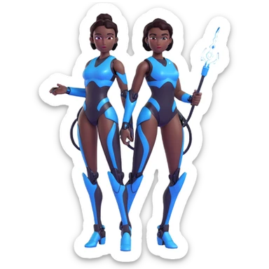 glossy emoji style of a slender black female robot, confident pose, small ear pieces, holding a realistic blue lightning whip, thighs and biceps pink with hex pattern, rest shiny black sticker