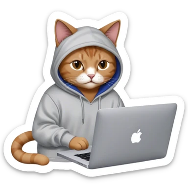 cat wearing a balenciaga hoodie and his working on a MacBook Pro sticker