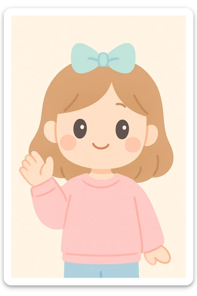 a happy girl waving, wearing a pink sweatshirt, with a bow on her head, cute and friendly style sticker
