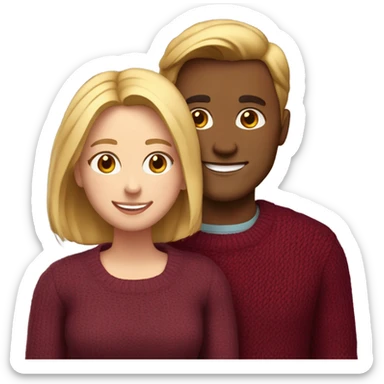 Couple high with burgundy sweaters and a warm smile, she has blonde hair and he has brown hair sticker