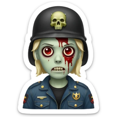 zombie with blood, wearing military helmet and black jean jacket sticker