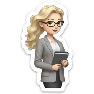 full height pale skin woman with cold blonde hair, Care haircut, White blouse, Gray oversize jacket, Gray skirt and metal glasses holding a color palette in the hands of a color palette sticker