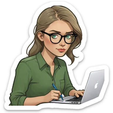 Pale skin girl with blue eyes, and dark blonde hair working with Mac  sticker