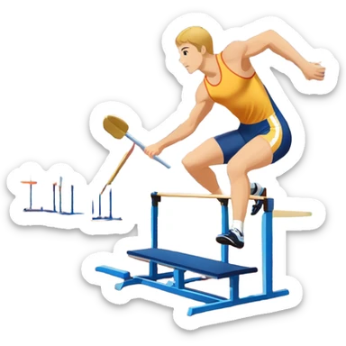 A collage of track and field equipment: a starting block, javelin, hurdle, discus, and high jump bar, symbolizing various disciplines. The background features a vibrant stadium with a running track, field events area, and cheering crowds.  sticker