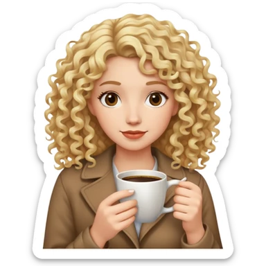 Women with blonde curly hair and holding coffee sticker
