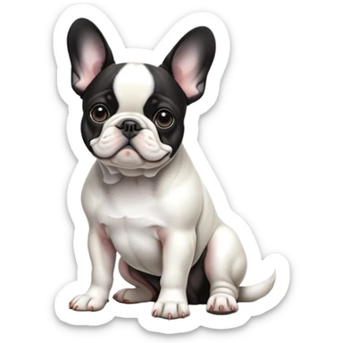 cinematic-[french bulldog]-realistic-full-body-sitting-emoji,-tail-resting-loosely-beside-its-paws,-head-tilted-dramatically,-sleek-[black ant whitepied]-fur,-simplified-yet-realistic-focused-features,-highly-detailed,-glowing-with-an-almost-sarcastic-glow sticker