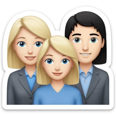 Blond woman with blue eyes on left. And a Man with black hair and grey eyecolor in the middle. And a blank woman with brown hair and grey eyes on the right. Happy together sticker