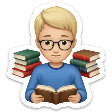 Boy reading books without glasses sticker