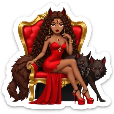 Lilith symbol seductress evil brown curly long hair haired, sexy succubus woman with red and black Chanel dress on. Amred and black stiletto platform high heel shoes on. sitting on a Black and gold throne. A large black wolf laying beside her sticker