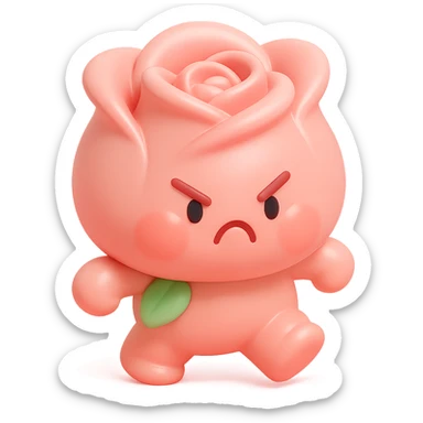 soft pink rose flower with puffed cheeks and an angry pouty face, stomping adorably, pastel tones, chibi round shape, vinyl figure style sticker